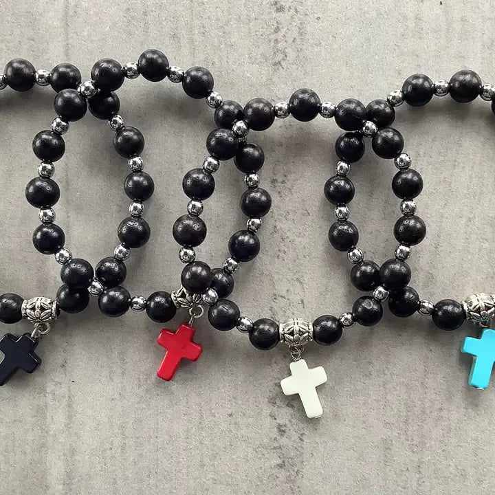 Christian Cross Lava & Tibetan Bead Stretch Bracelet Gift (1 each)
