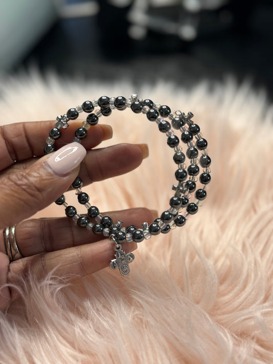 Hematite Bead Wrap Bracelet with Cross Charm