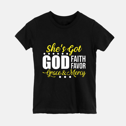 She's Got God Faith Favor Grace & Mercy | Youth Tee