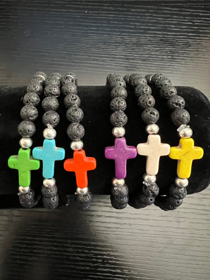 Christian Cross Lava & Tibetan Bead Stretch Bracelet Gift (1 each)