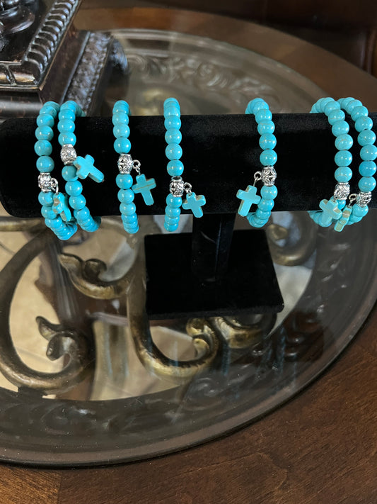 Christian Cross Synthetic Turquoise Bead Stretch Bracelet  (1 each)