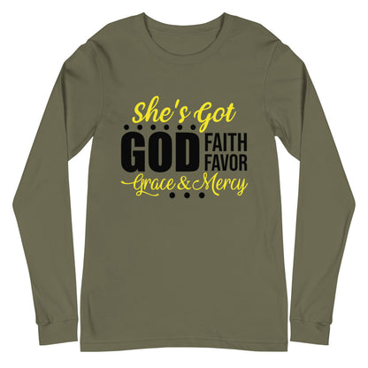 She's Got God | Faith | Favor | Grace & Mercy Long Sleeve Tee