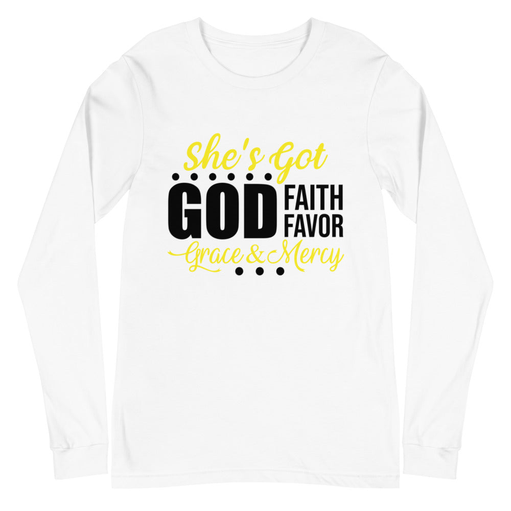 She's Got God | Faith | Favor | Grace & Mercy Long Sleeve Tee
